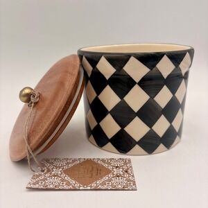 Hand Painted India Ceramic Canister Wood Lid Kitchen Decor Black White Diamond